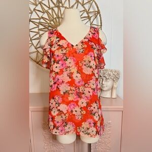 CAbi Floral Ruffle Sleeve Blouse - Red and Pink